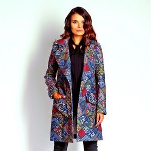 NAOKO Size Large Wool Cashmere Belted Jacket Coat Multi Pattern Designer Poland